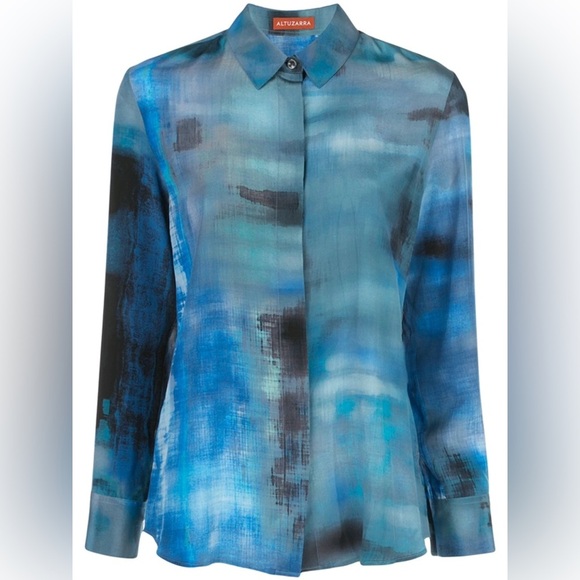 Altuzarra Chika Silk Button Down Top in Blue Watercolor Size 42 US 10 - Picture 1 of 8